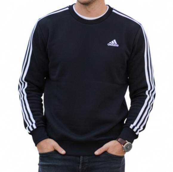 Adidas Mens 3 Stripe Black Crewneck Sweatshirt Size - Picture 1 of 9